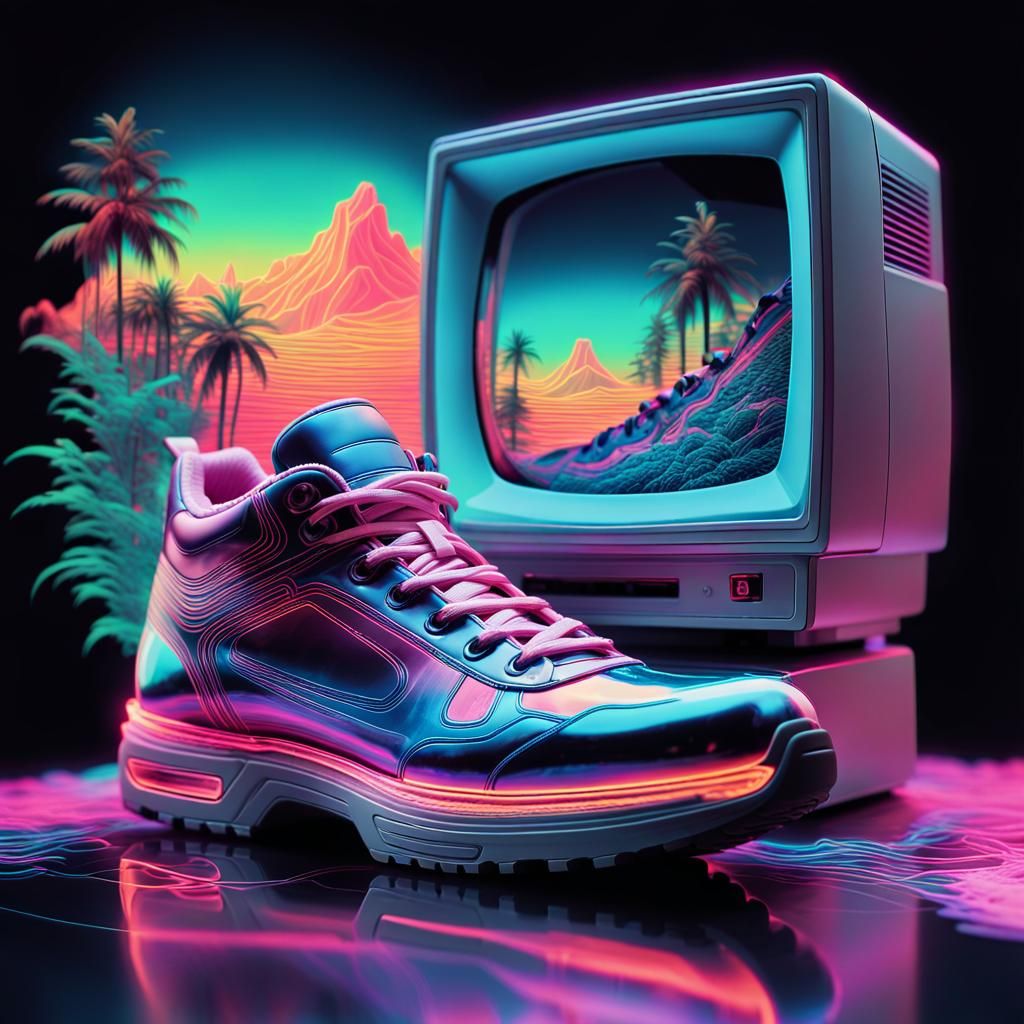 Surreal Vaporwave Landscape with Retro Glitch Effects