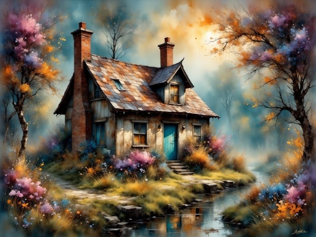 Summer Cottage in Vibrant Colors, Painterly Impasto Style