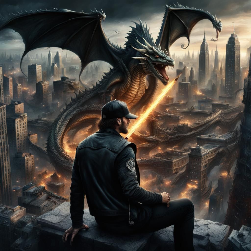 Dragon Guardian in a Ruined Cyberpunk Cityscape
