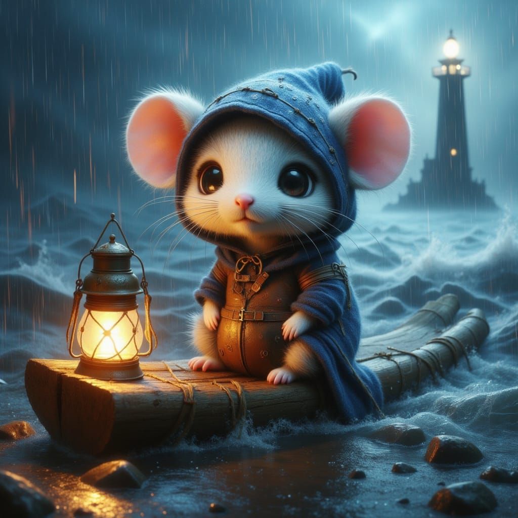 Mouse on Raft in Stormy Sea, Photorealistic Image