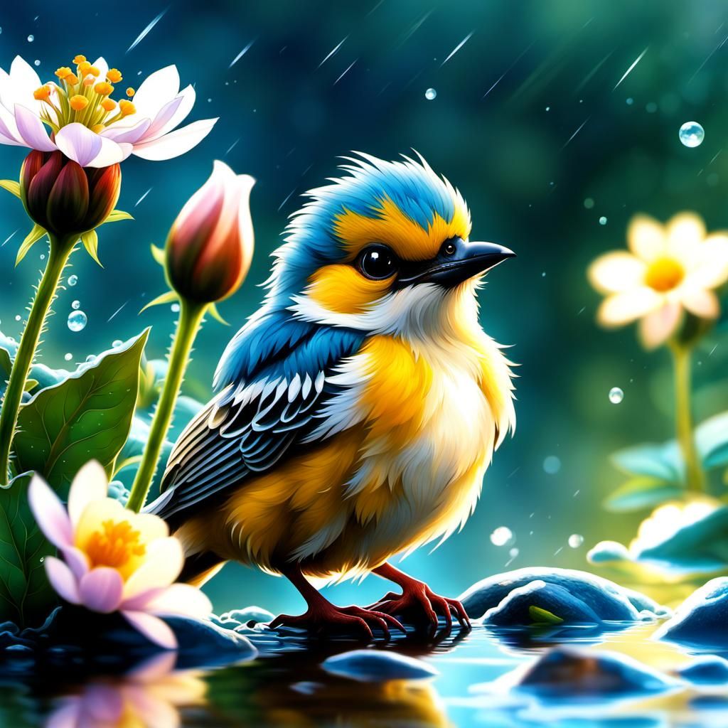 Cute Bird in Summer Rain: Fantasy Digital Art