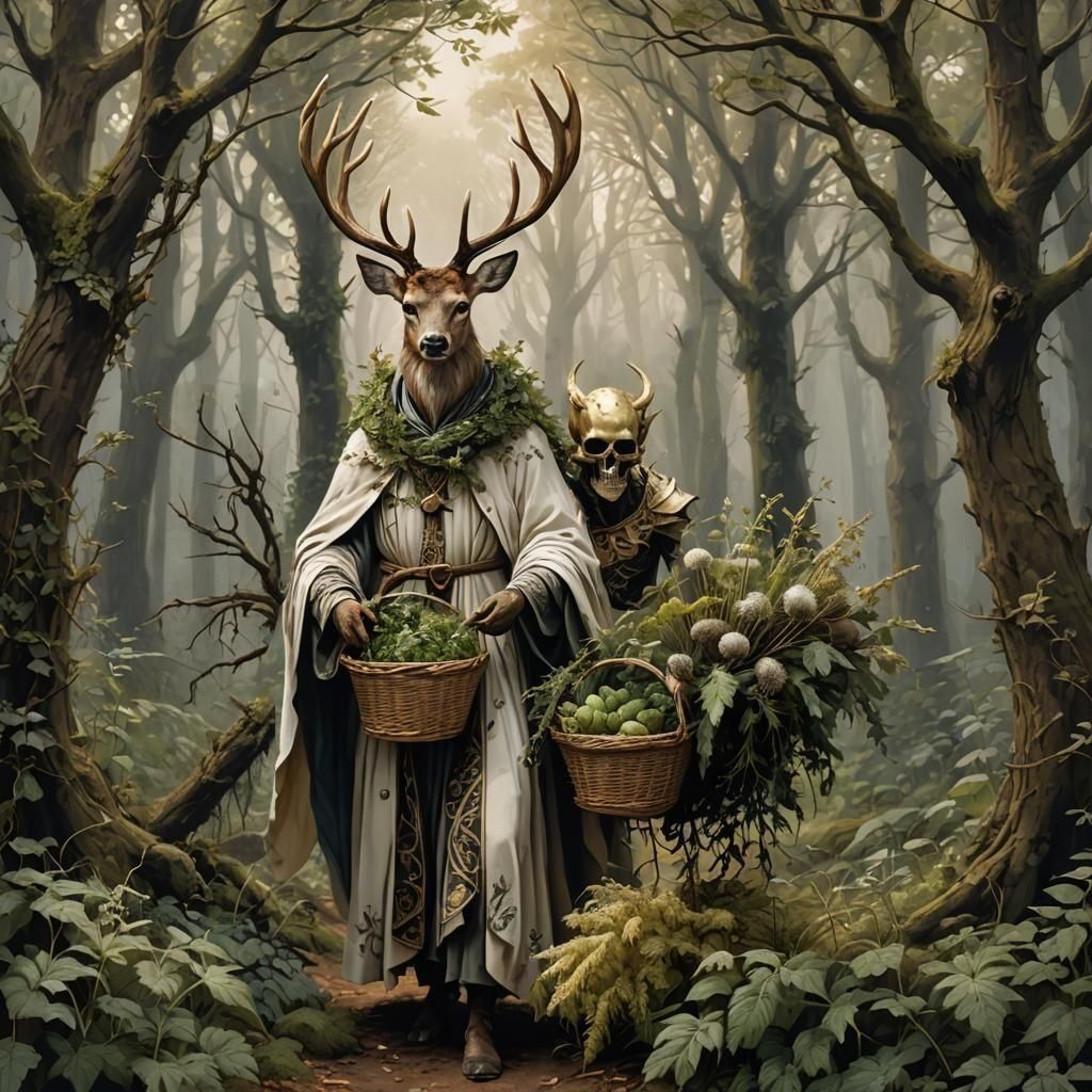 Mystical Deer Sage Carrying Basket Home