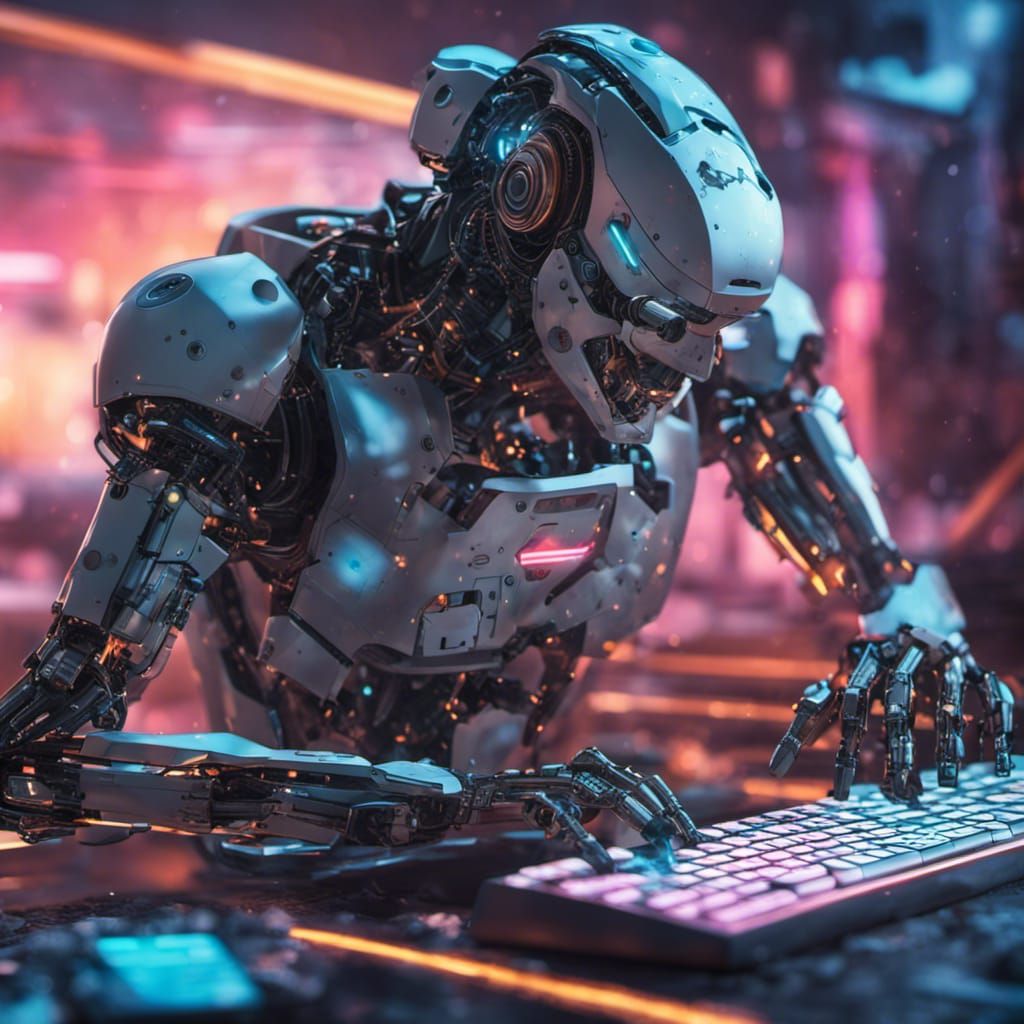 Robot Typing in Futuristic Cyberpunk Cityscape