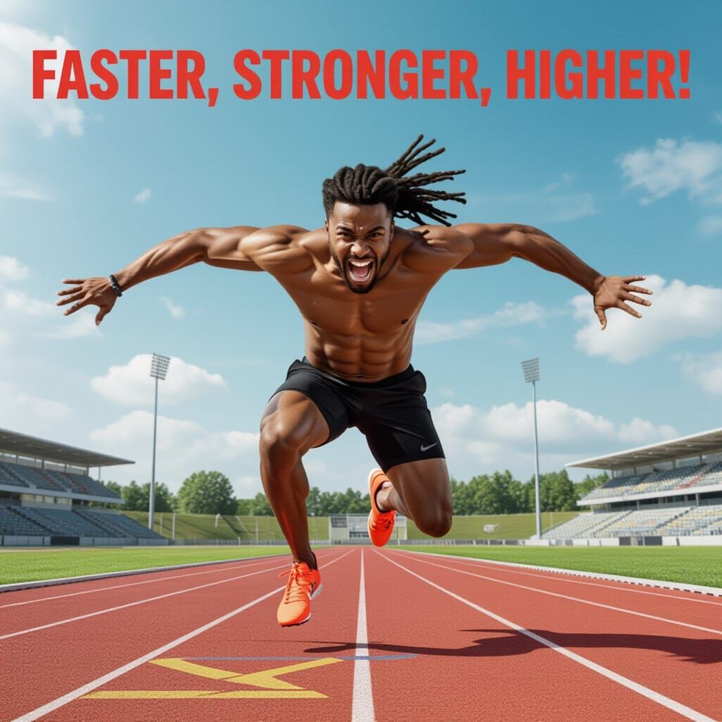 Realistic Surrealism Sports Poster: Faster, Stronger, Higher...