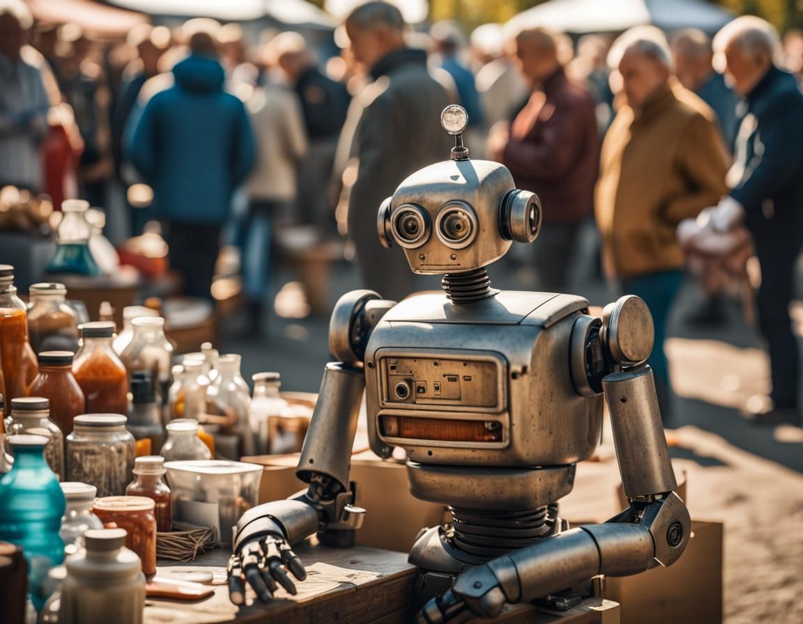 Sad Robot Sells Goods in Gorki Park: Hyperrealistic Photo
