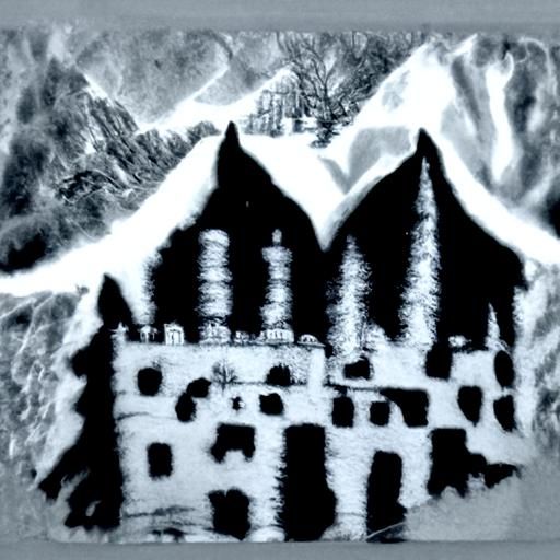 Mysterious Castle in Mountains: Copperplate Engraving