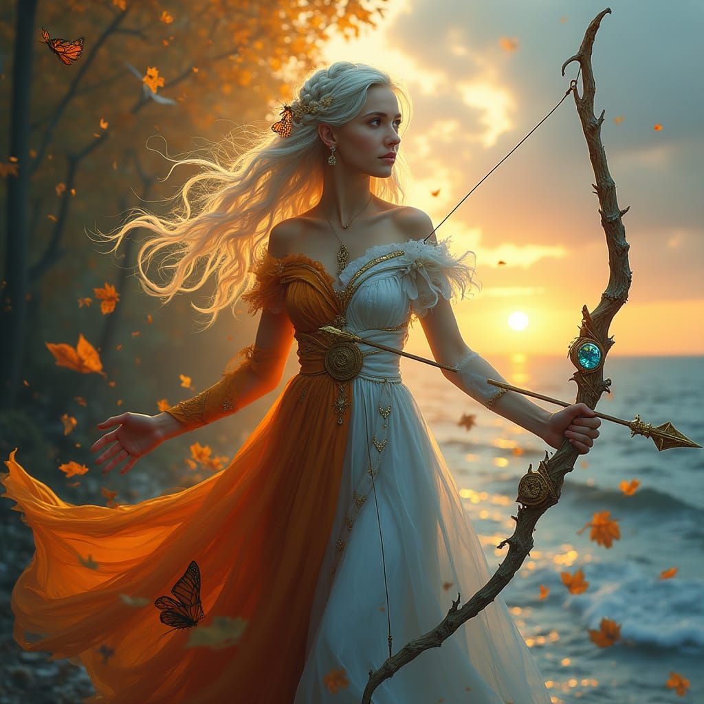 Fantasy Guardian Goddess with Amber Eyes and Magical Bow