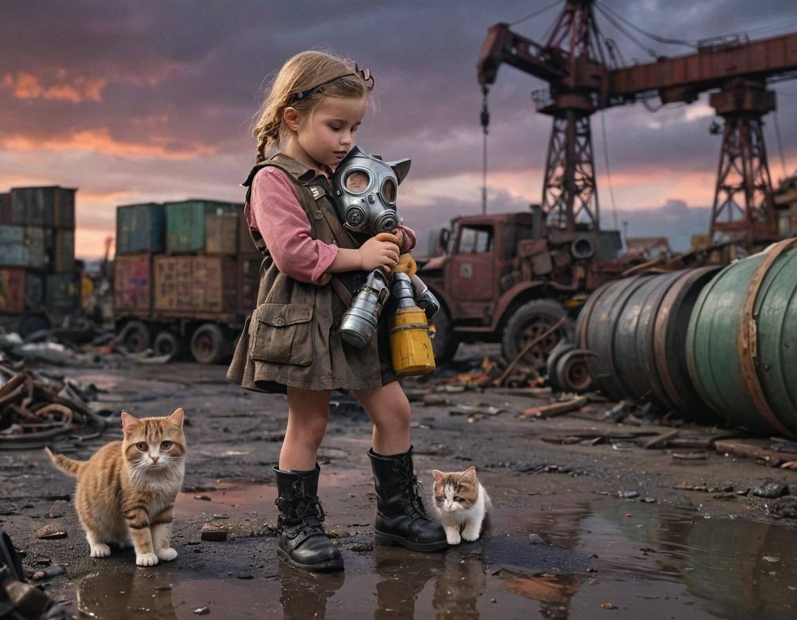 Dieselpunk Girl with Cat in Industrial Port Scene