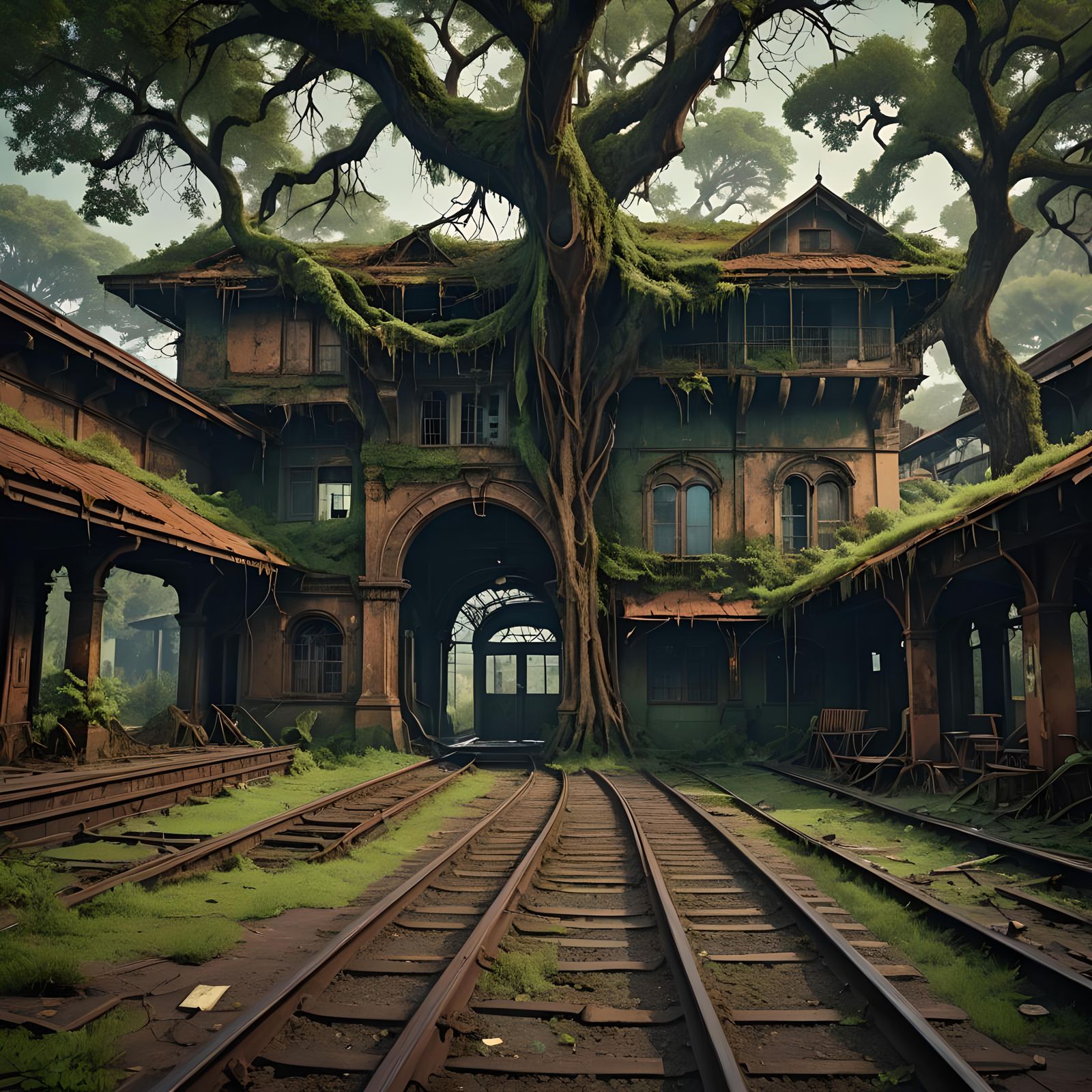 Decaying Indian Railway Station in Fantasy Art Style