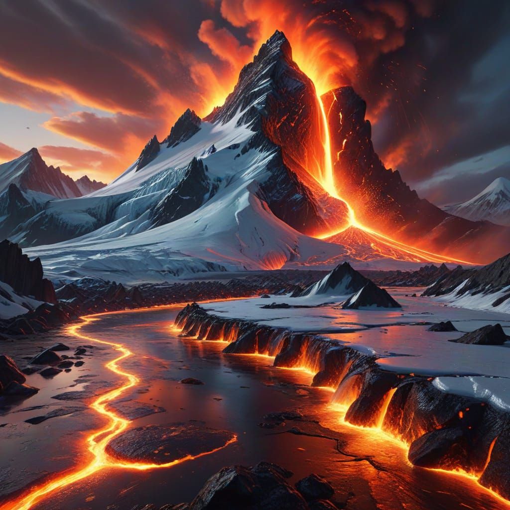 Volcanic Eruption on Glacier at Sunset: Digital Art