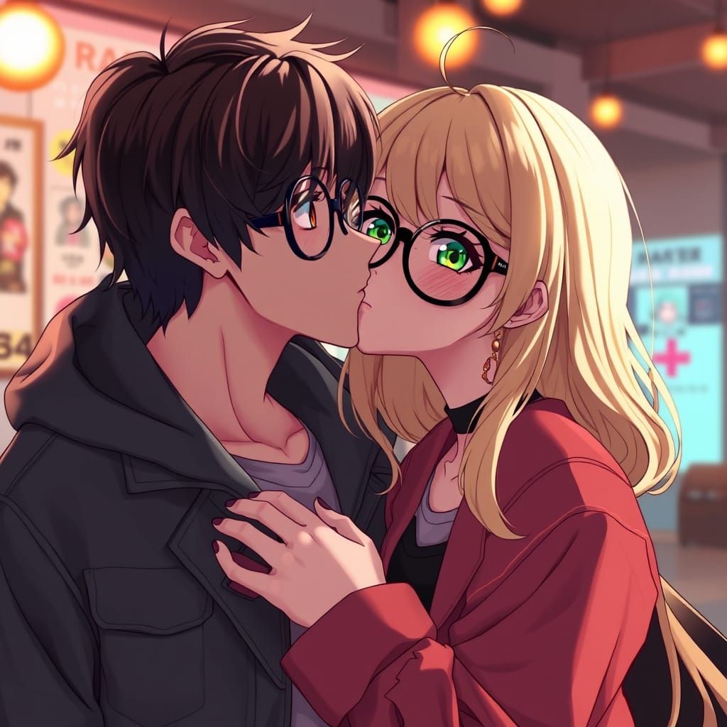 Goth Girl Kisses Guy: 3D Anime Art in Genshin Impact Style