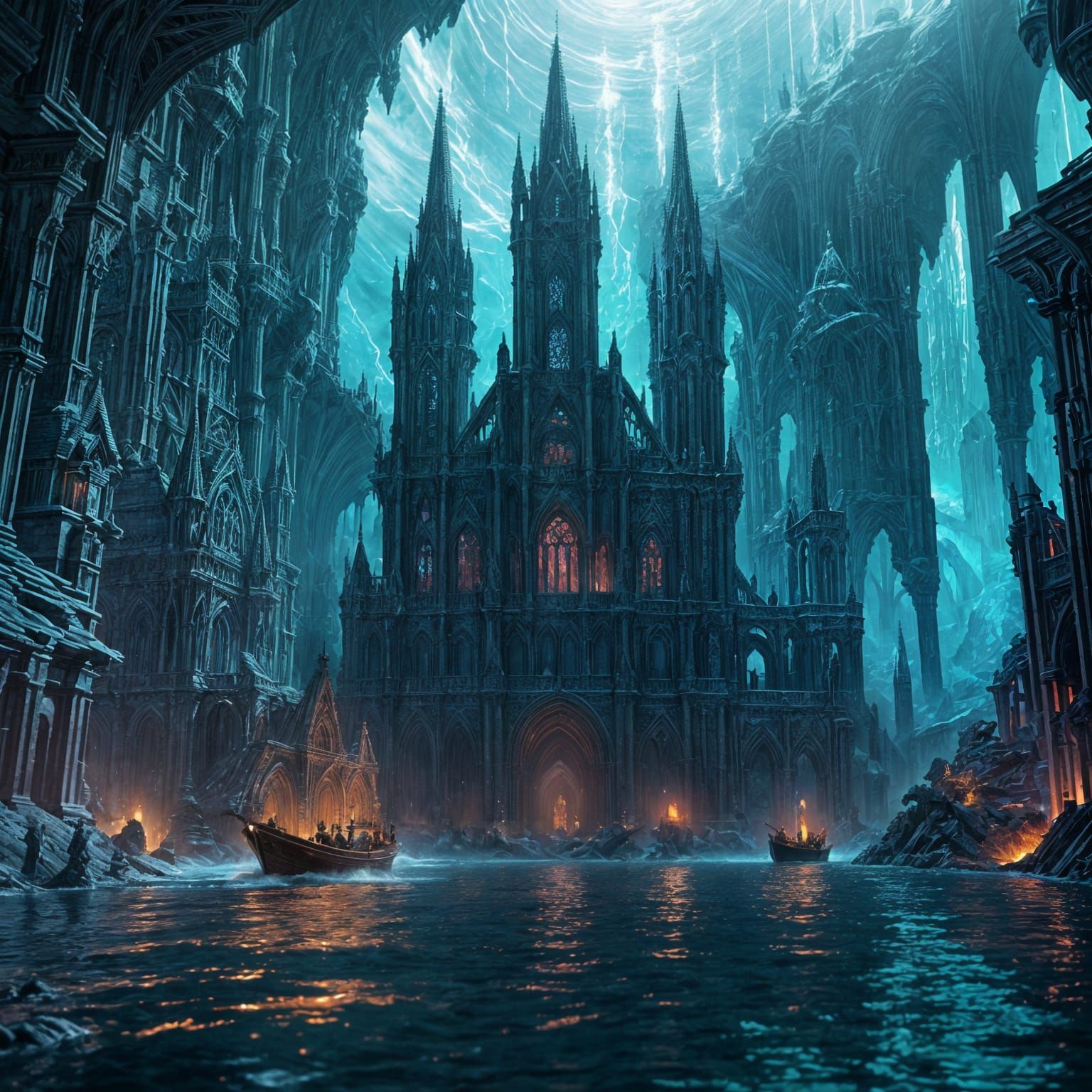 Fantasy Ships on Spectral Lake in Ruined Cathedral Realm