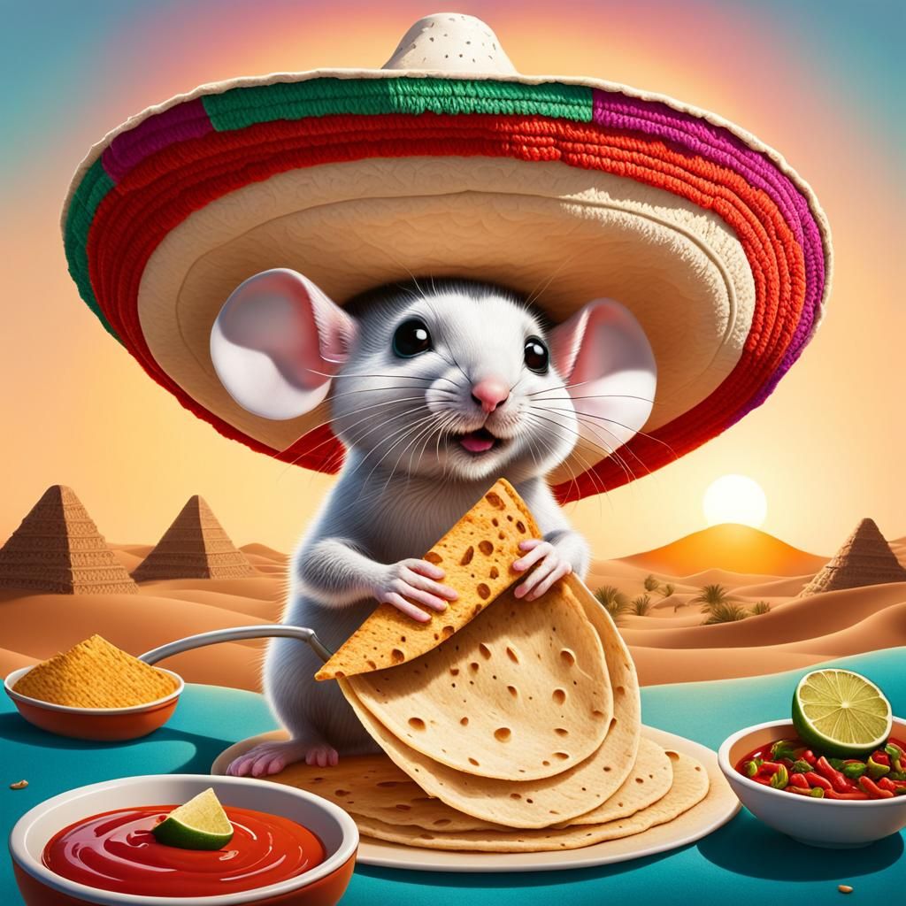 Mouse in Sombrero Eating Tortilla at Sunrise
