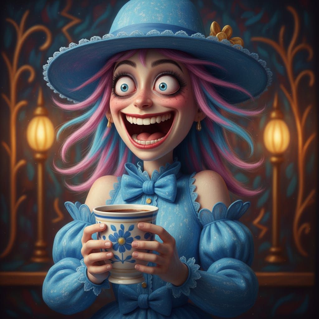 Hyperrealistic Woman with Caffeine Buzz, Vibrant Colors