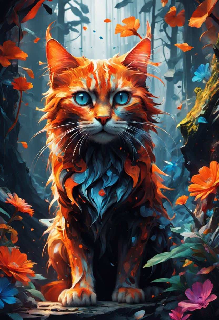 Vibrant Pop Art Cat in Whimsical Love Forest