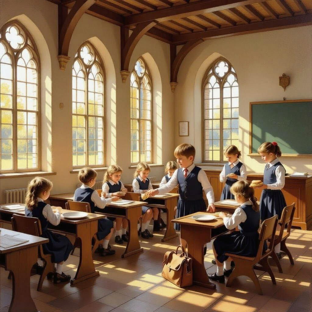 Children Share Sandwiches in Sunlit Medieval Classroom Oil P...