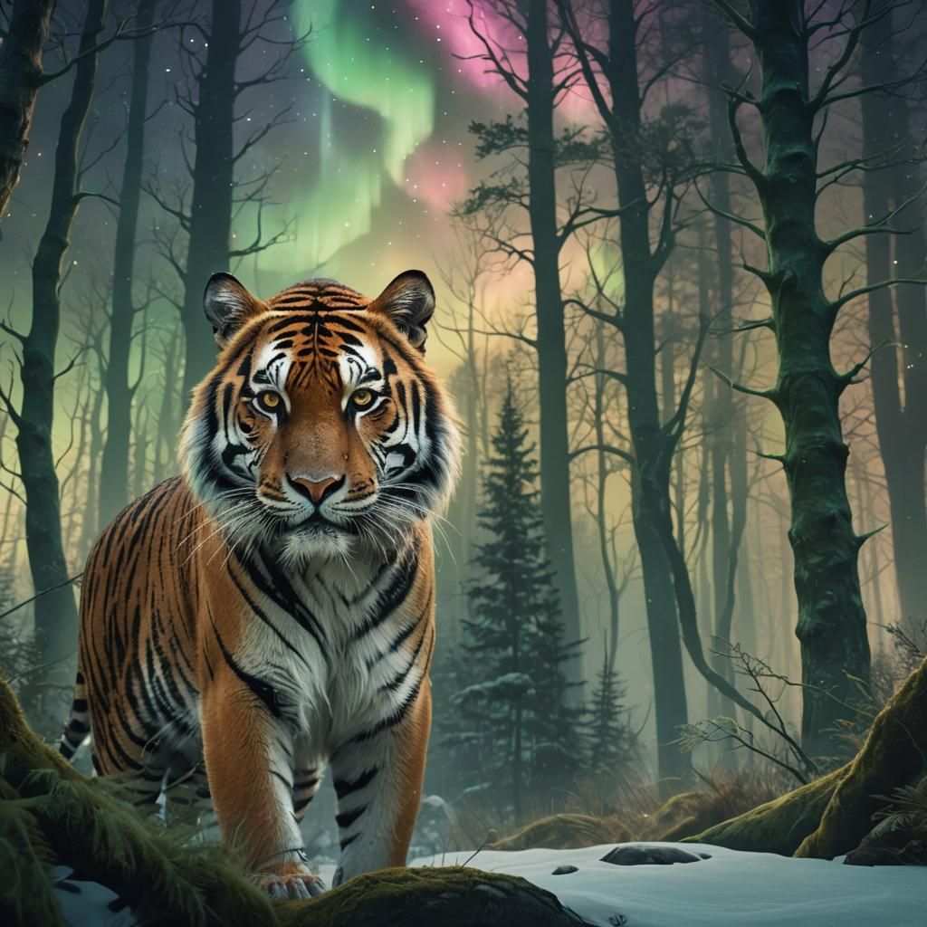 Mystical Tiger in Aurora Forest: Fantasy Matte Painting