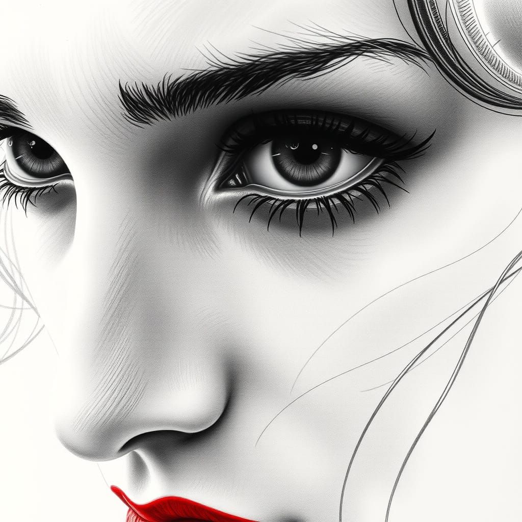 Hyper-Realistic Close-Up Portrait in Monochromatic Color Pen...