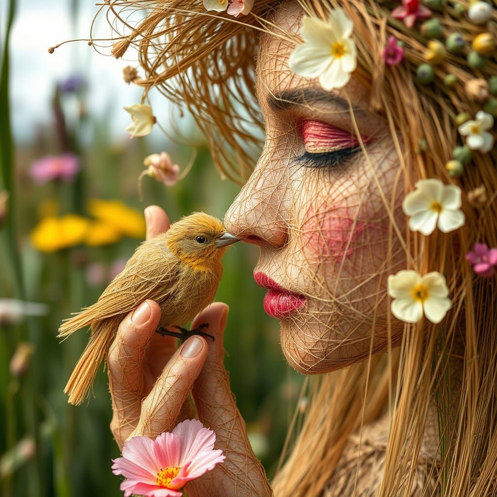 Ephemeral Eco-Art: Woman of Strings Kissing Bird