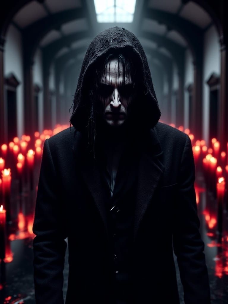 Ethereal Gothic Figure in Endless Hallway