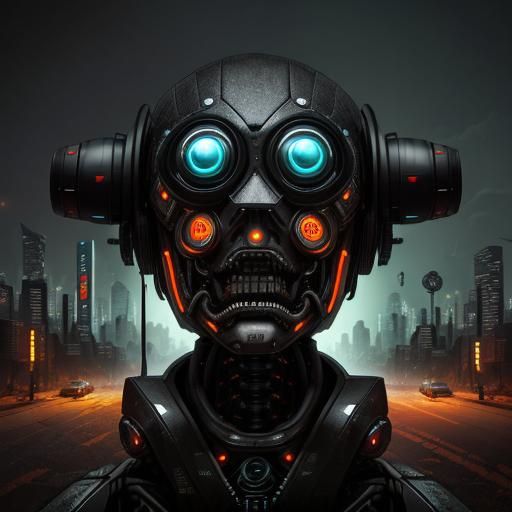 Robot in Cyberpunk City After AI Insurrection
