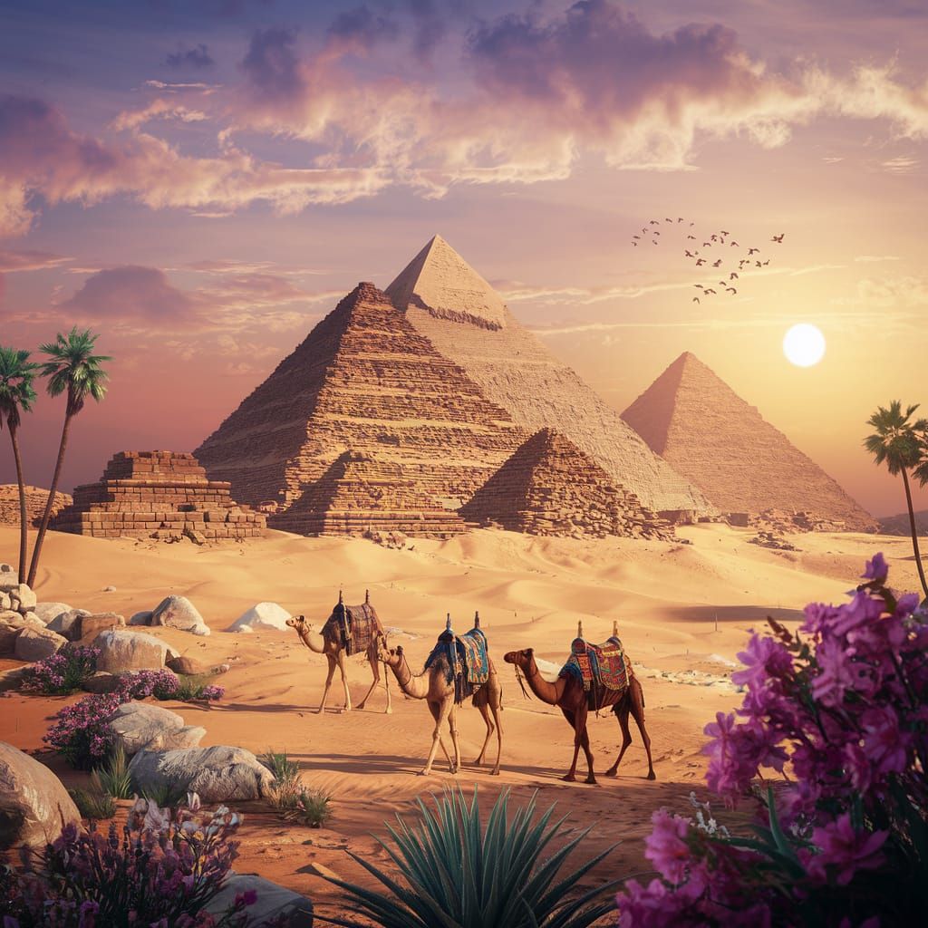 Egyptian Pyramids and Desert Flowers in Detailed Painting