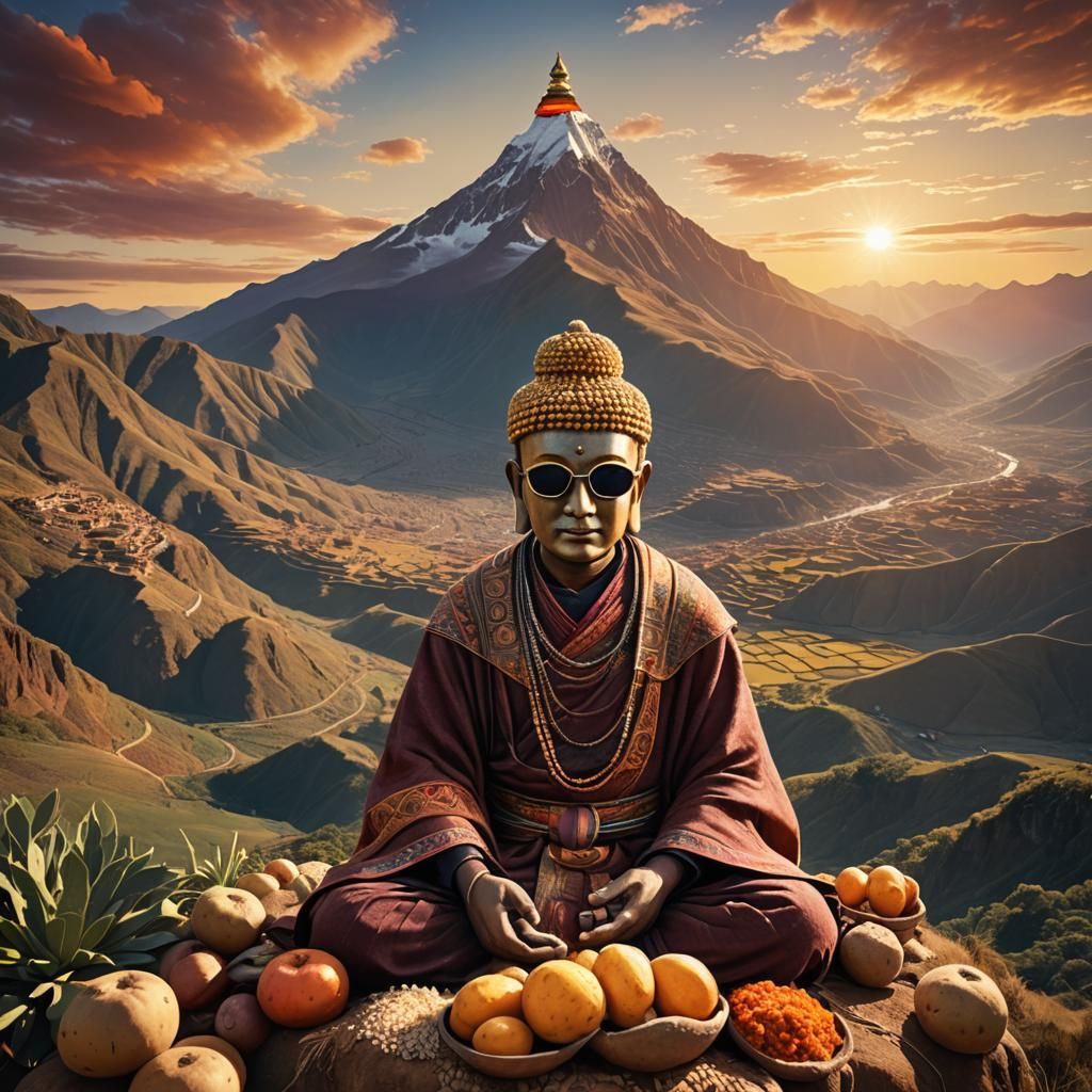 Buddha in Traditional Andean Attire, Surrounded by Majestic...