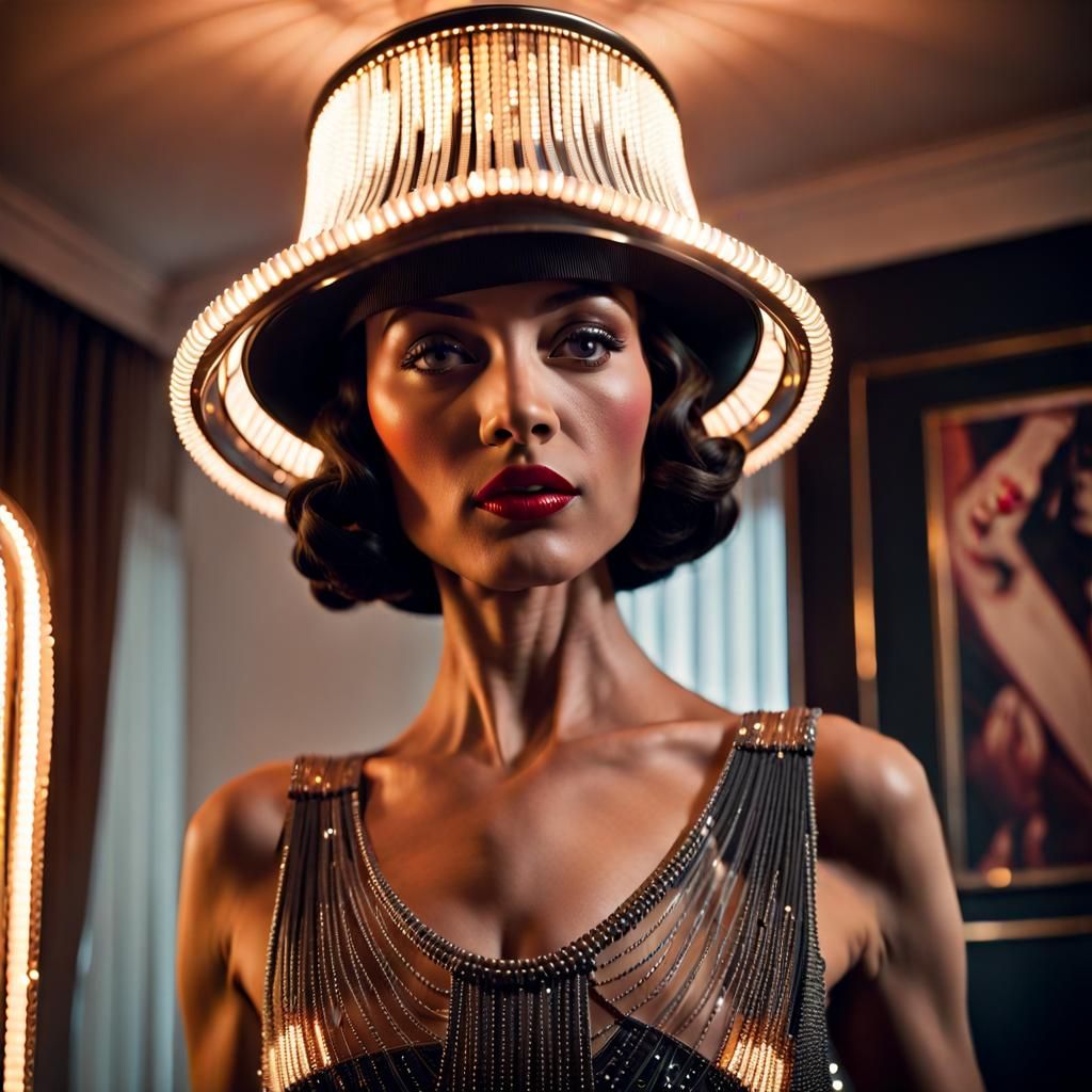 Decopunk Woman with VHS Lamp in Art Deco Room