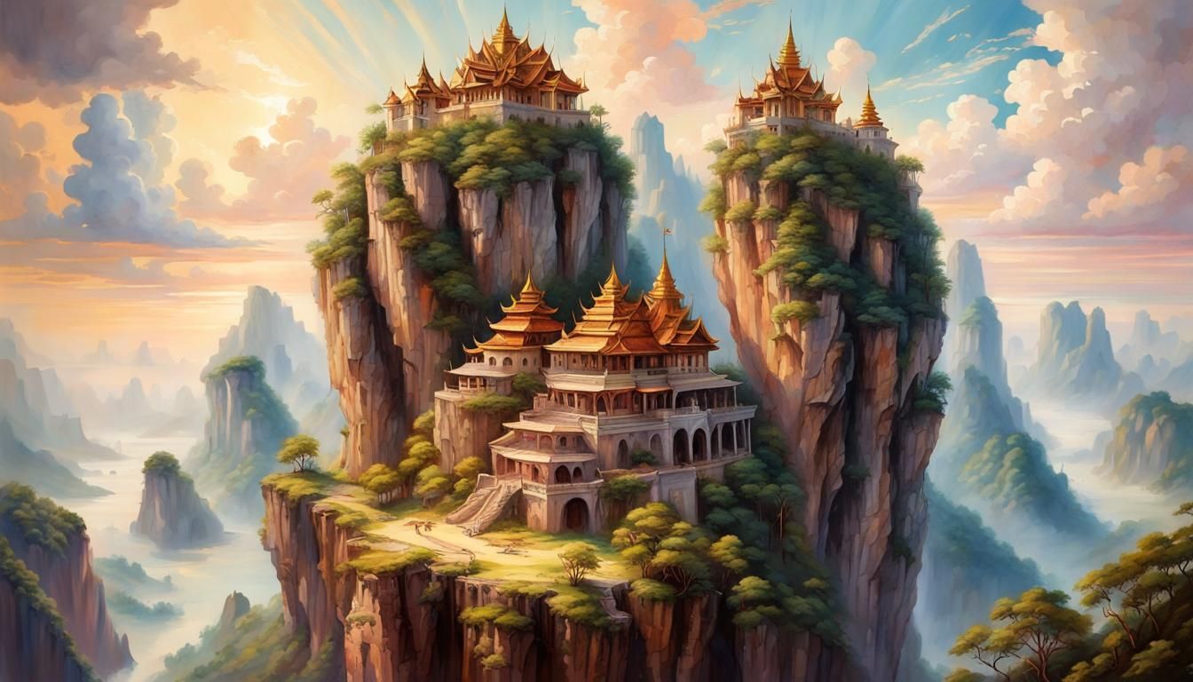 a painting of a castle on top of a mountain, art chris rahn and jung park, floating island, thailand art, chasm, realist...