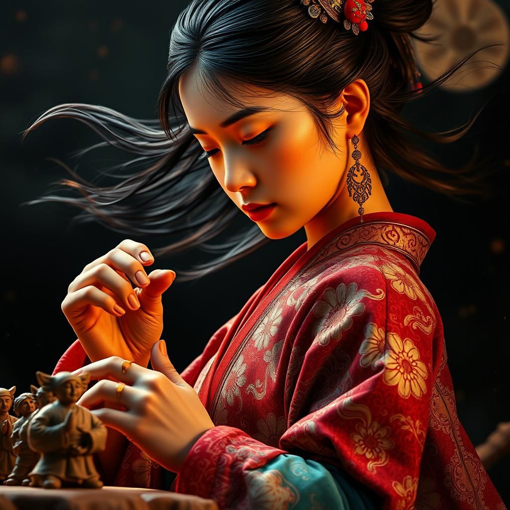 Nuwa: Chinese Goddess Creating Humanity, Digital Illustratio...