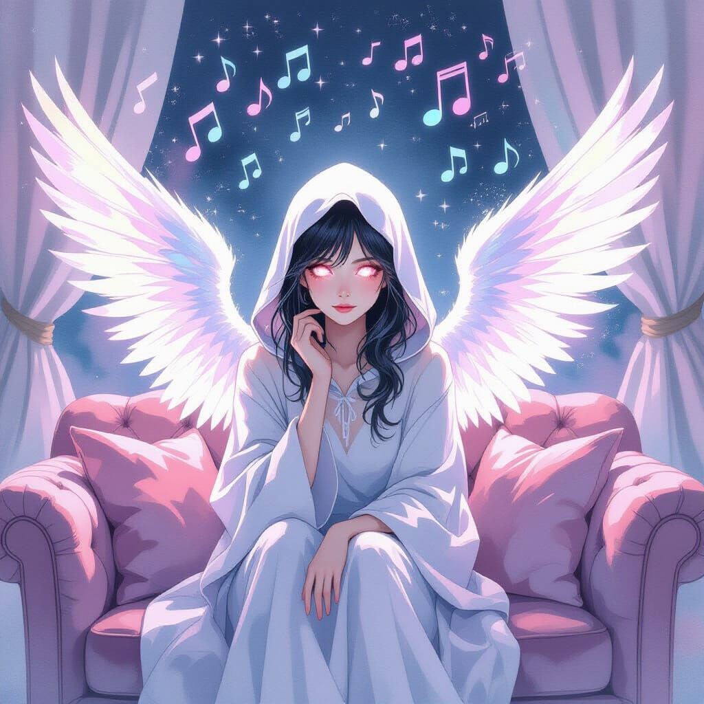 Angelic Figure on Couch with Musical Notes in Watercolor
