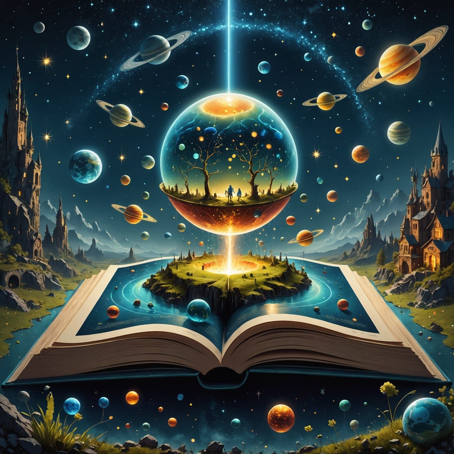 Fantasy Planets Emerge From Open Book with Mystic Fog