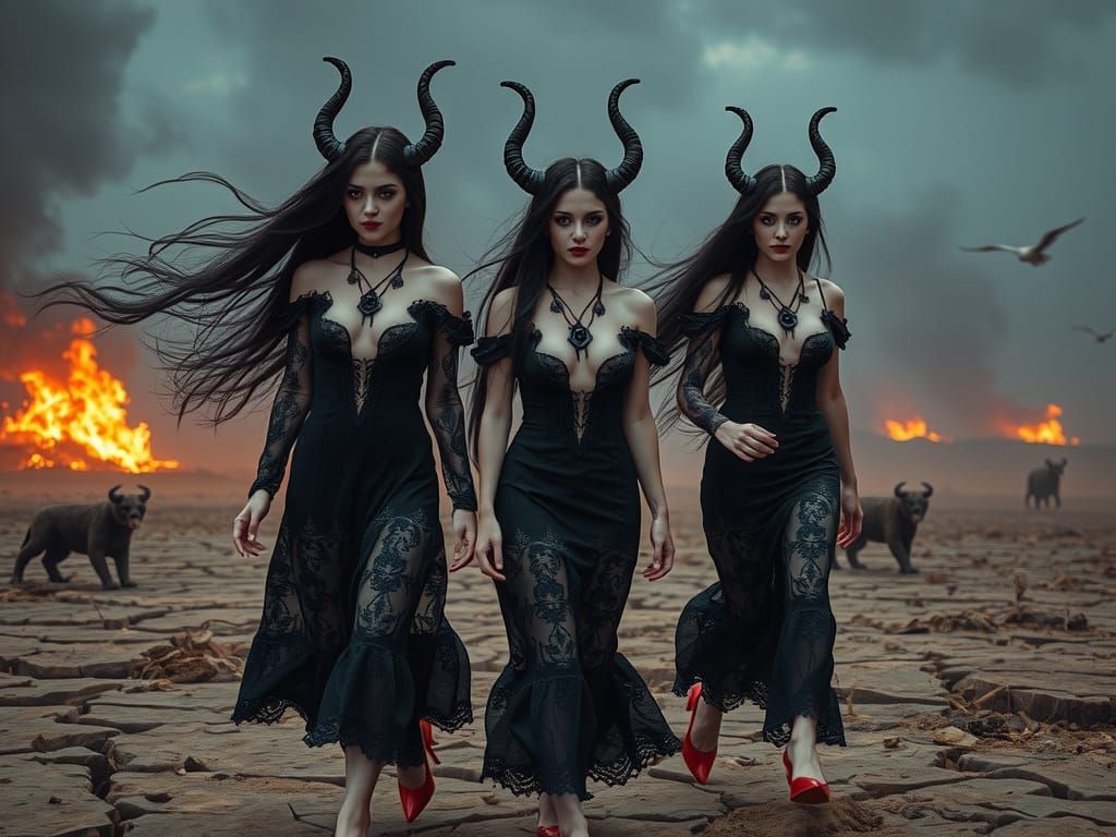 Devil Daughters Striding Through Hellscape