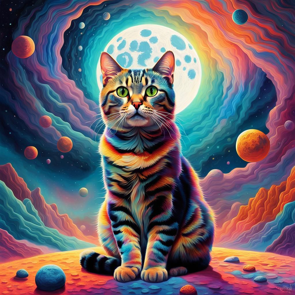 Psychedelic Cat Gazing at the Moon