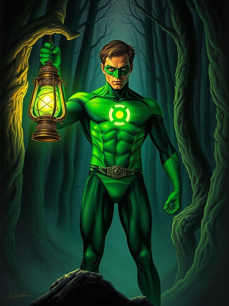 Green Lantern Illuminates Mystical Forest in Surrealist Styl...
