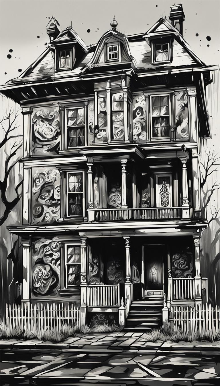 Haunted Dutch colonial house. Monochrome