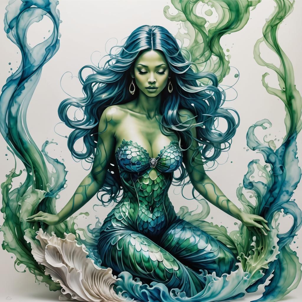 Ethereal Smoke Art Mermaid in Blue and Green