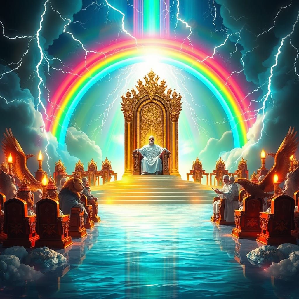 Divine Throne Scene in Heavenly Realm with Rainbow and Elder...