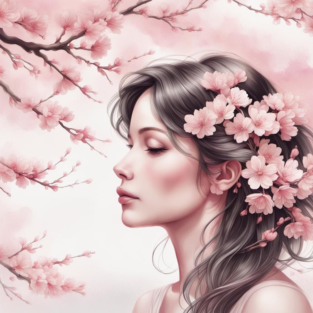 Woman and Cherry Blossoms in Hyperrealistic Style