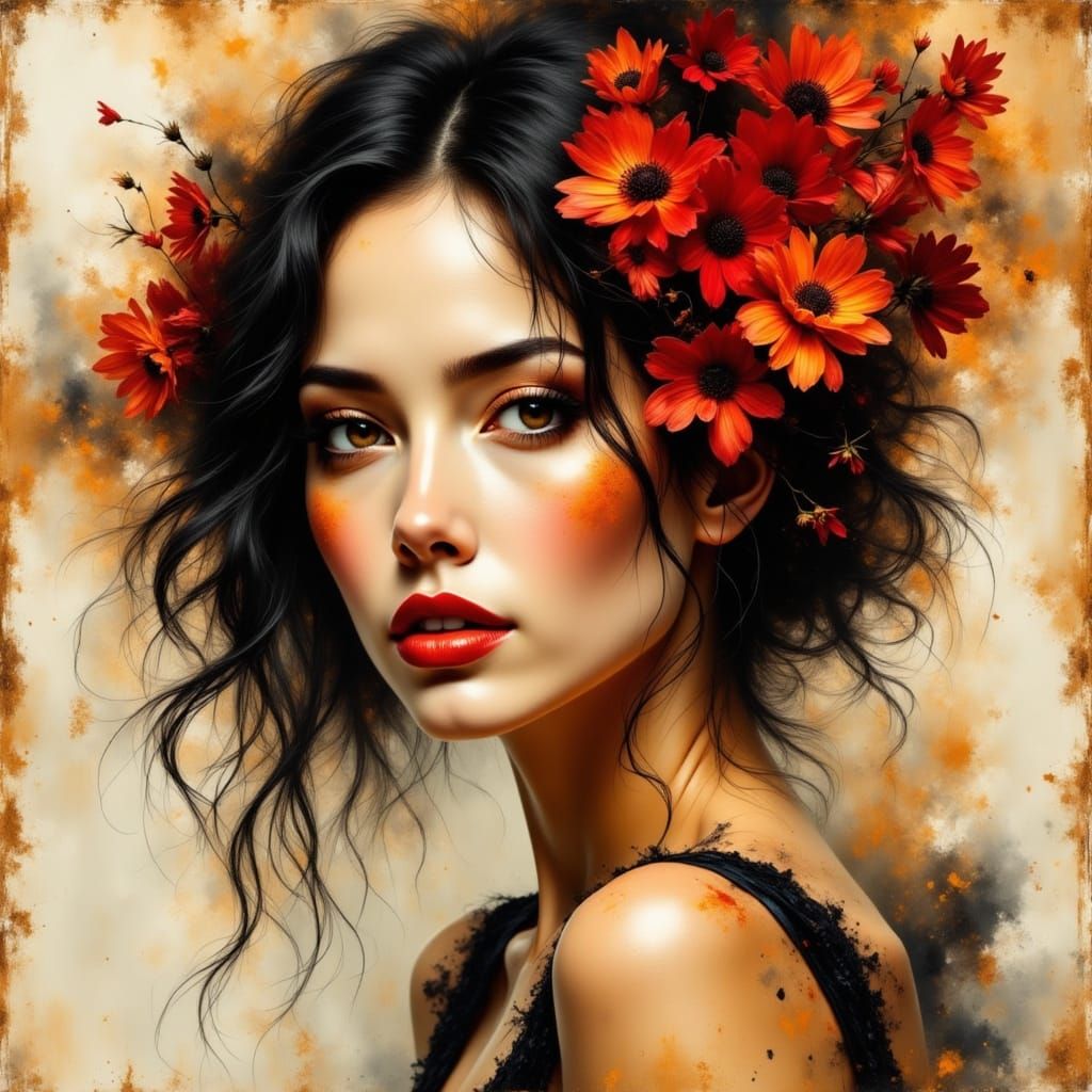 Fiery Golden Woman Portrait in Impressionist Style