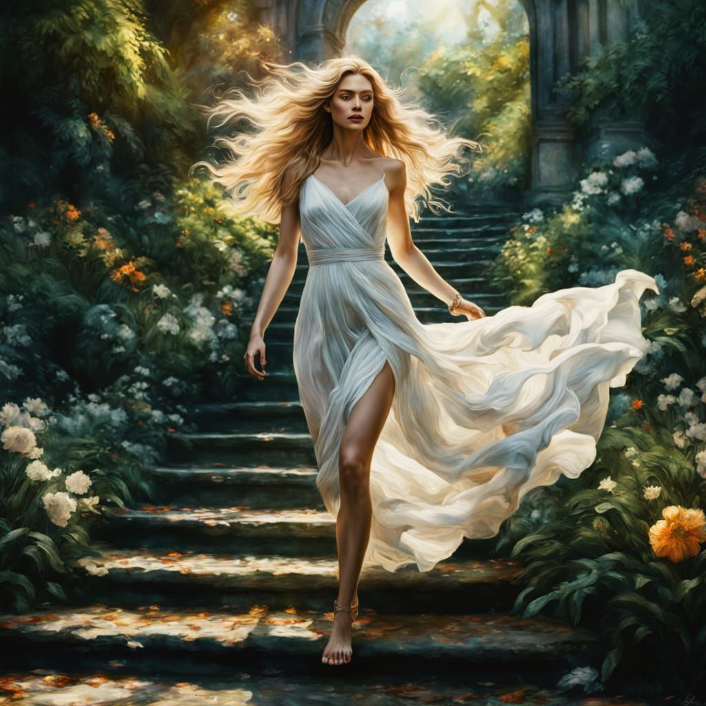 Woman Ascending Staircase in Garden, Hyperrealistic Impressi...