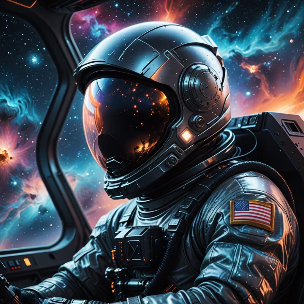 Astronaut Gazing at Vibrant Nebula in Futuristic Spacesuit