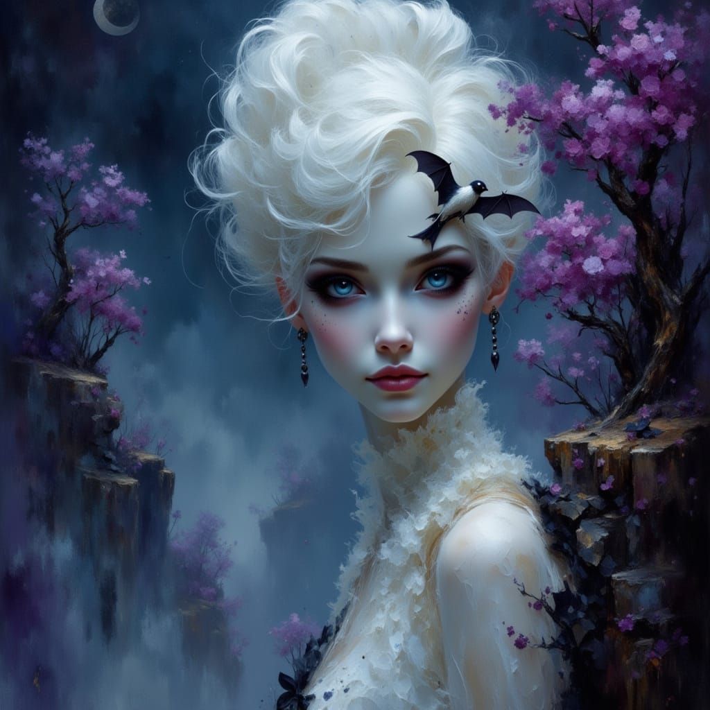 Gothic Albino Vampire with Bat, Dreamy Gothic Style