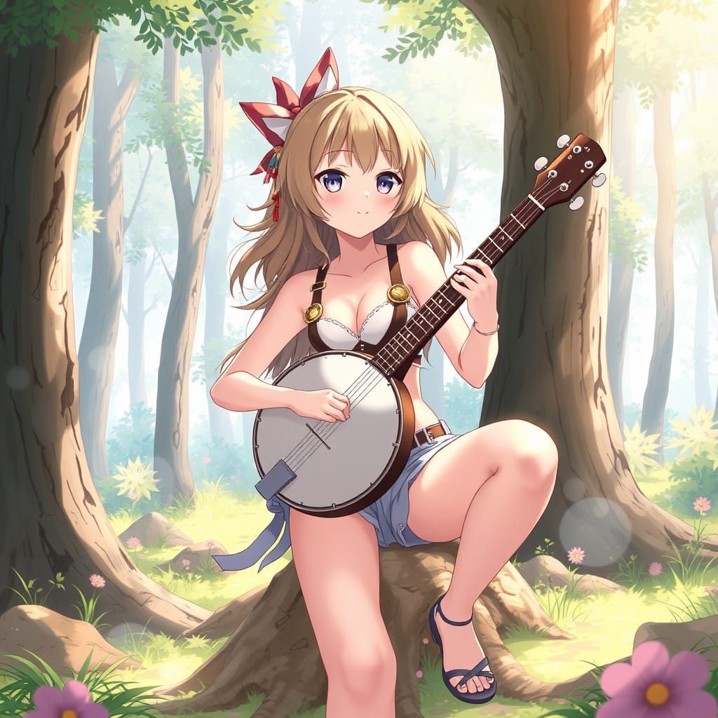 Anime Girl Banjo Virtuoso in Enchanted Forest