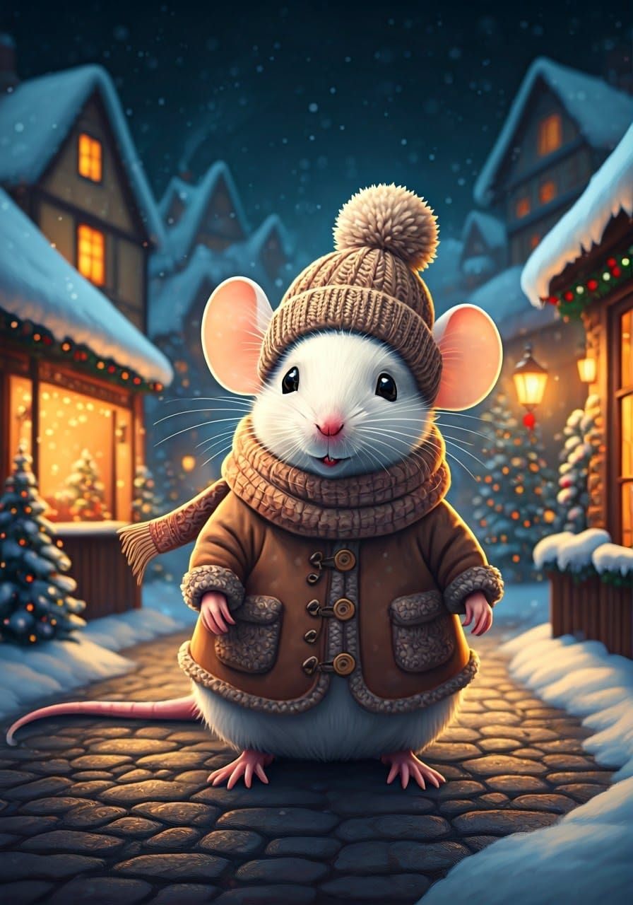 Whimsical White Mouse Explores Enchanted Christmas Village