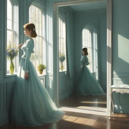 Alice in Wonderland Mirror Reflection as Oil Painting