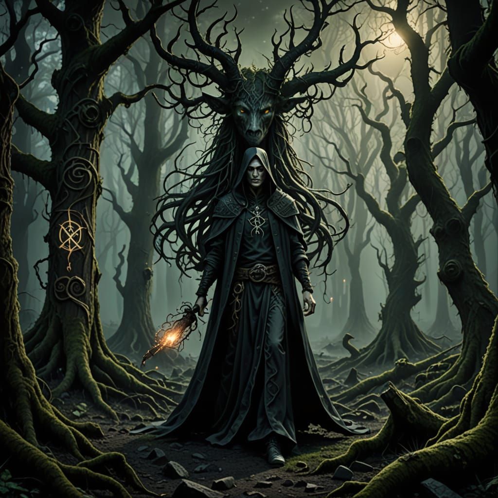 Eldritch Wiccan in Dark Fantasy Forest
