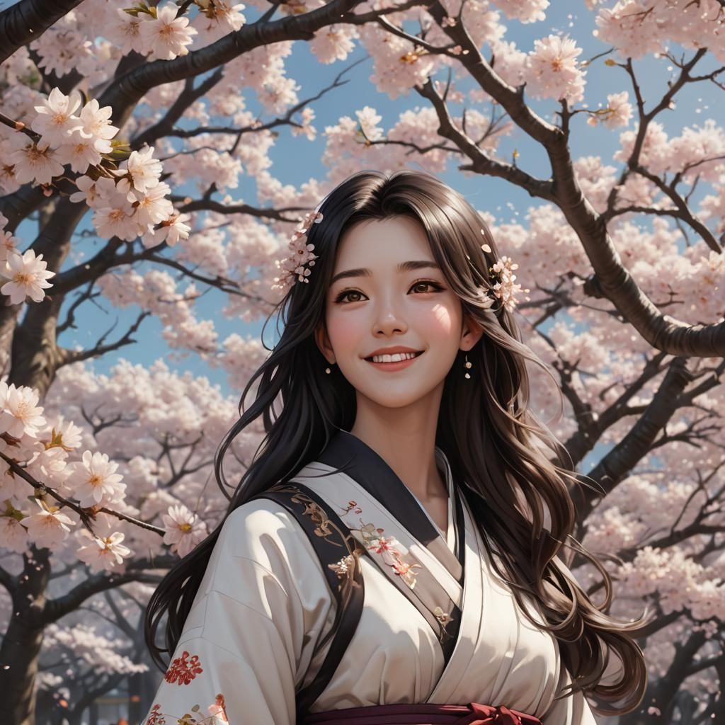 Anime Portrait of Woman with Sakura Blossoms