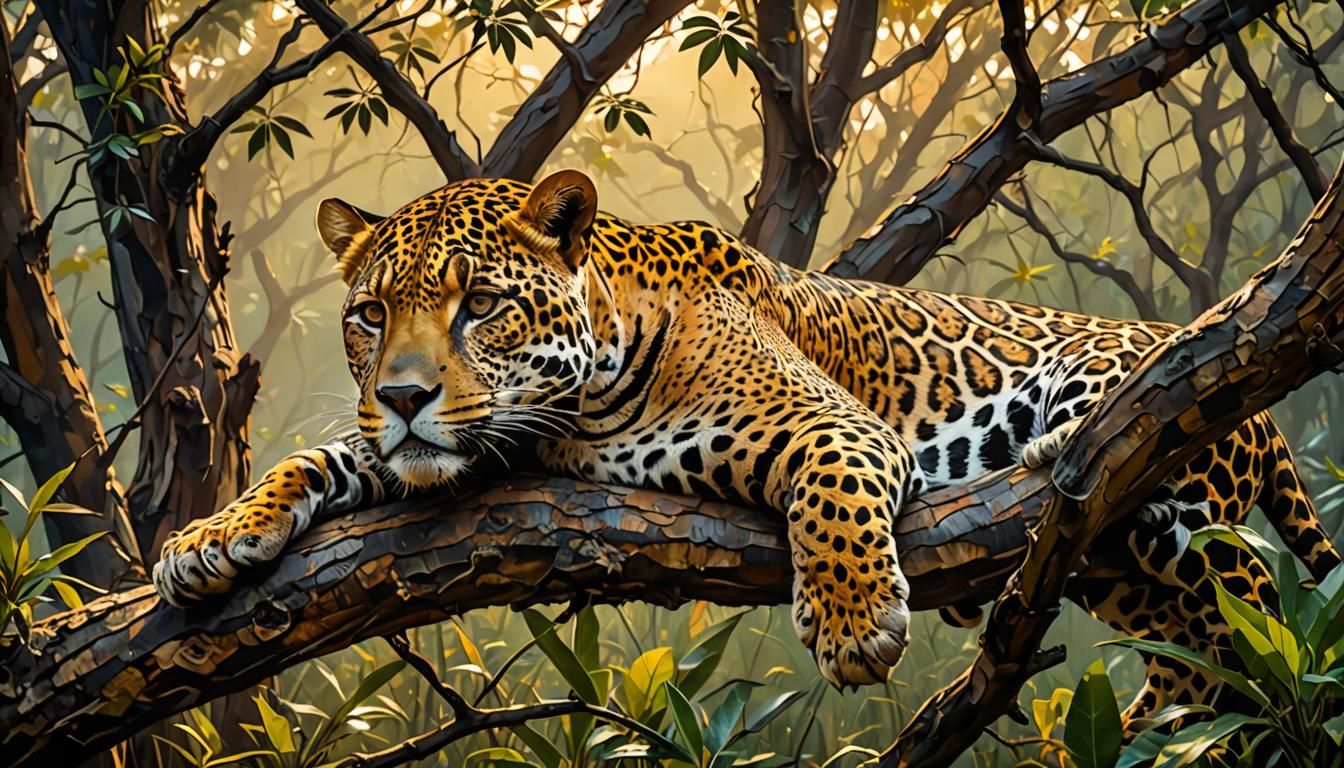 Jaguar snoozing on a tree limb
