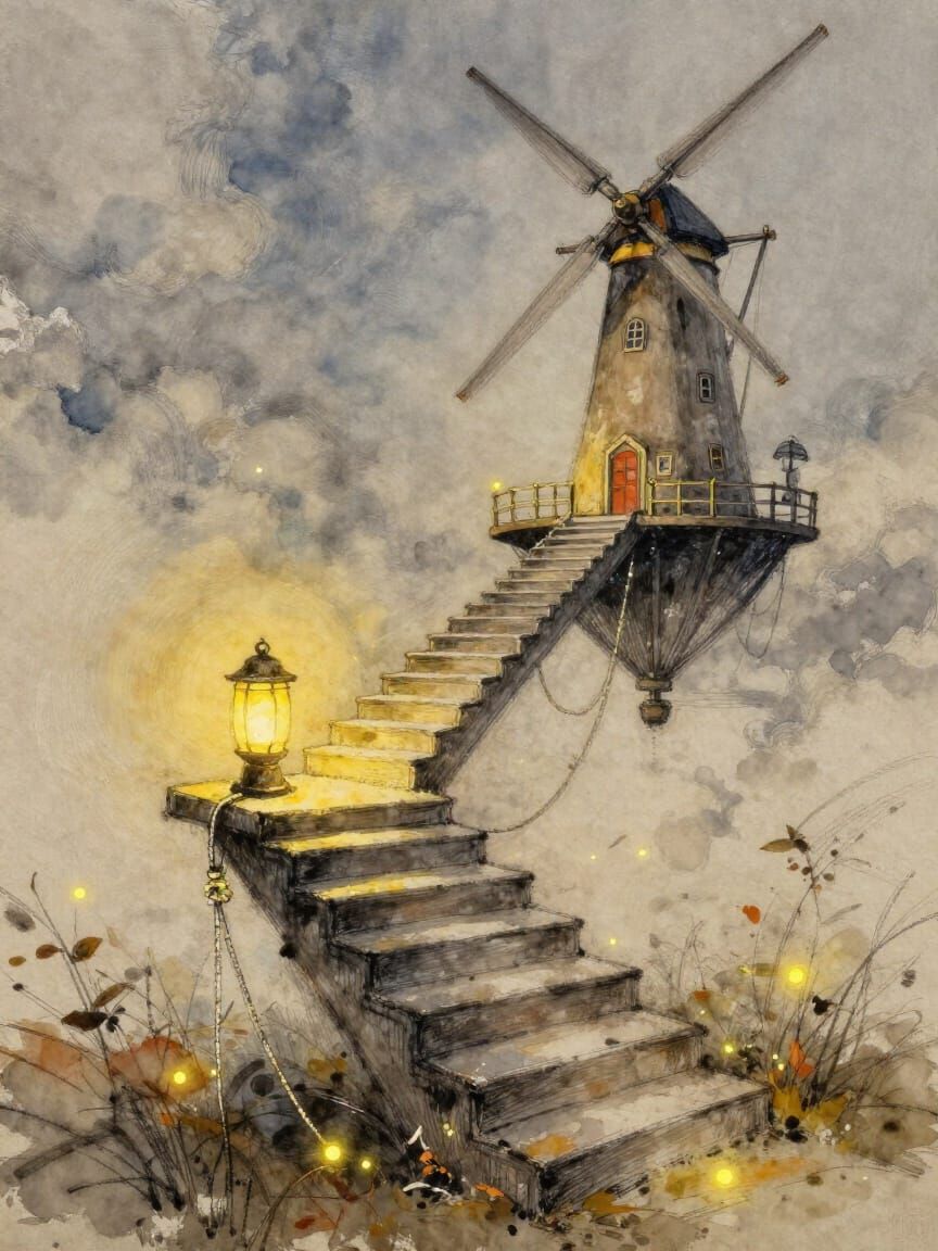 Floating Windmill Reached by Lantern Steps in Autumn Palette